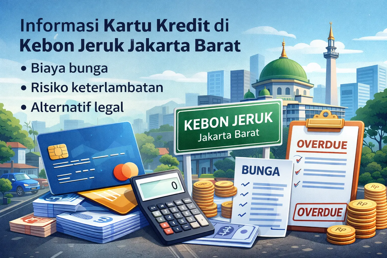 Ilustrasi informasi kartu kredit di Kebon Jeruk Jakarta Barat dengan pembahasan bunga, risiko keterlambatan, dan opsi legal.
